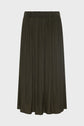 A long, dark olive green jupe plissée with a crinkled texture and an elastic waistband, displayed against a plain light background.