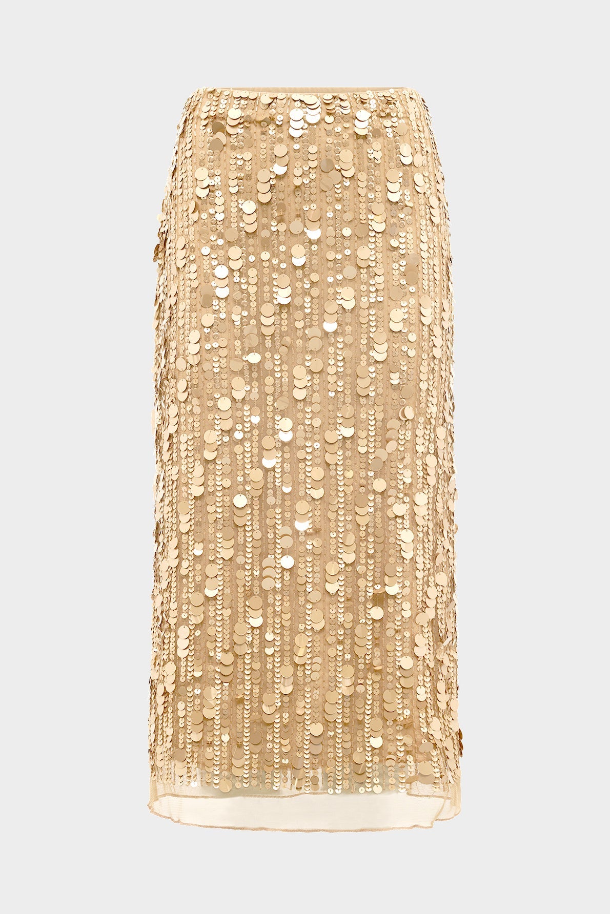 Gold sequin pencil skirt with vertical rows of shimmering sequins on a sheer mesh overlay, creating a sparkling, glamorous look.