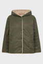 Olive green hooded jacket with snap buttons and beige trim. This doudoune capuche features a quilted texture and a relaxed fit, shown against a plain white background.