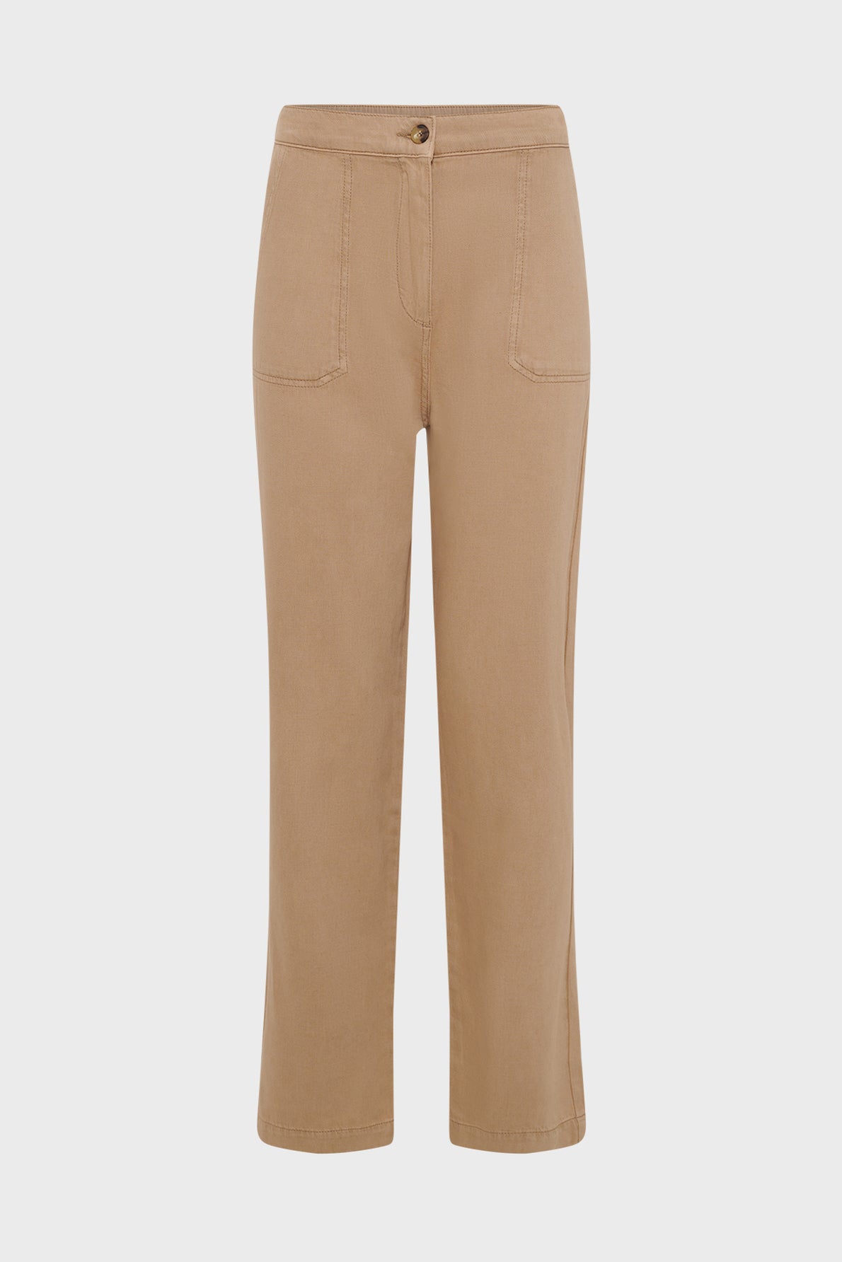 Tan high-waisted, straight-leg pantalon camel crafted from a blend of coton lyocell lin, featuring front patch pockets and a button closure, displayed on a plain white background.