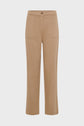 Tan high-waisted, straight-leg pantalon camel crafted from a blend of coton lyocell lin, featuring front patch pockets and a button closure, displayed on a plain white background.