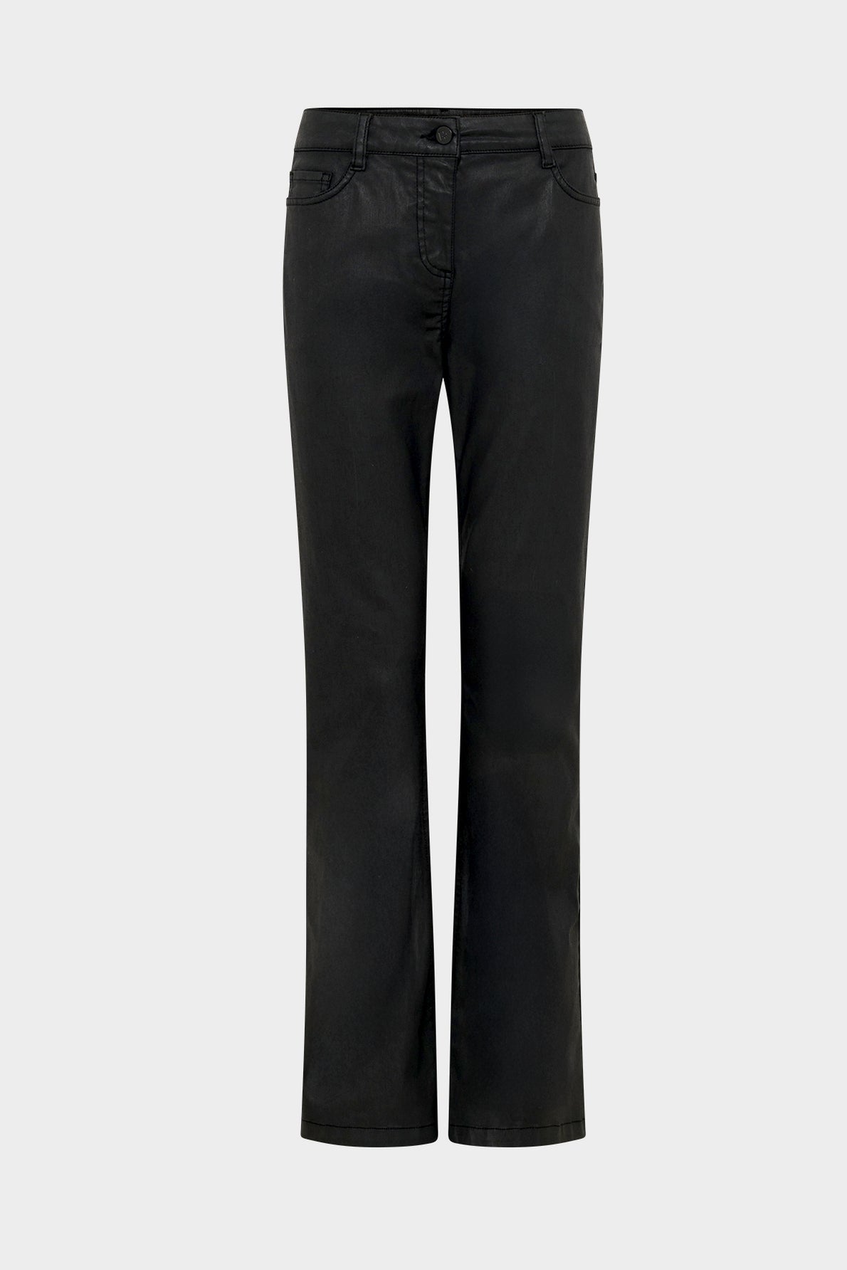 A pair of black straight-leg jeans in coton enduit with front and back pockets, button and zip closure, displayed against a plain light gray background.