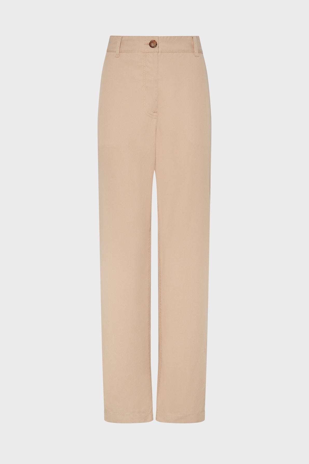 Beige straight-leg trousers with a front button and zipper closure, belt loops, and two side pockets, displayed on a plain white background. This élégant pantalon beige femme features a relaxed fit inspired by the effortless style of pantalon large lin.