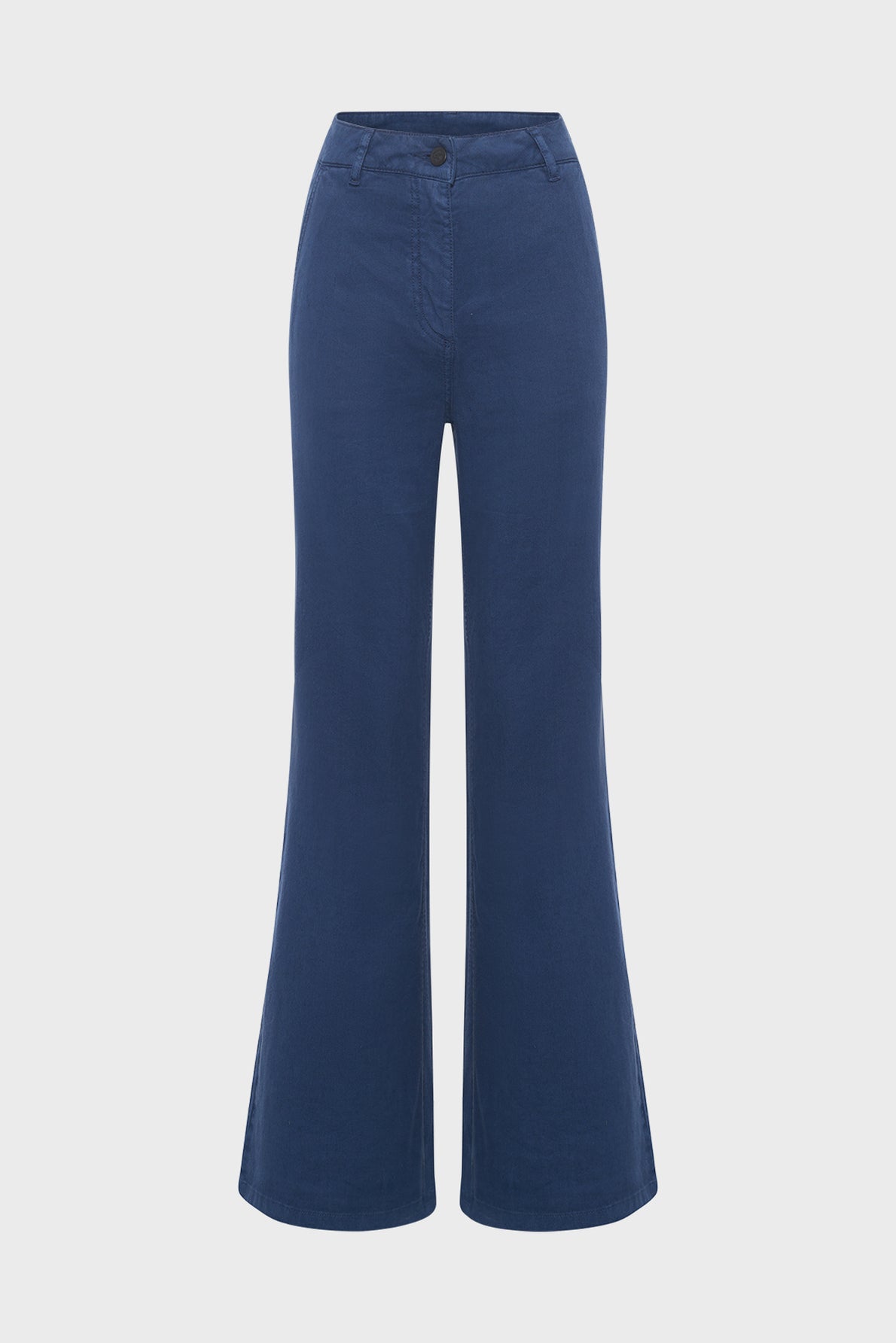 Blue high-waisted, wide-leg pants with a button and zip closure, front pockets, and slightly flared bottoms, displayed on a plain white background.