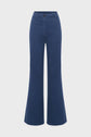 Blue high-waisted, wide-leg pants with a button and zip closure, front pockets, and slightly flared bottoms, displayed on a plain white background.