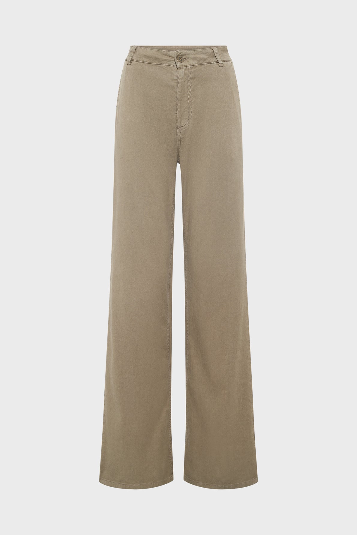 A pair of high-waisted, wide-leg, light brown pants with a button and zipper closure, shown against a plain white background.