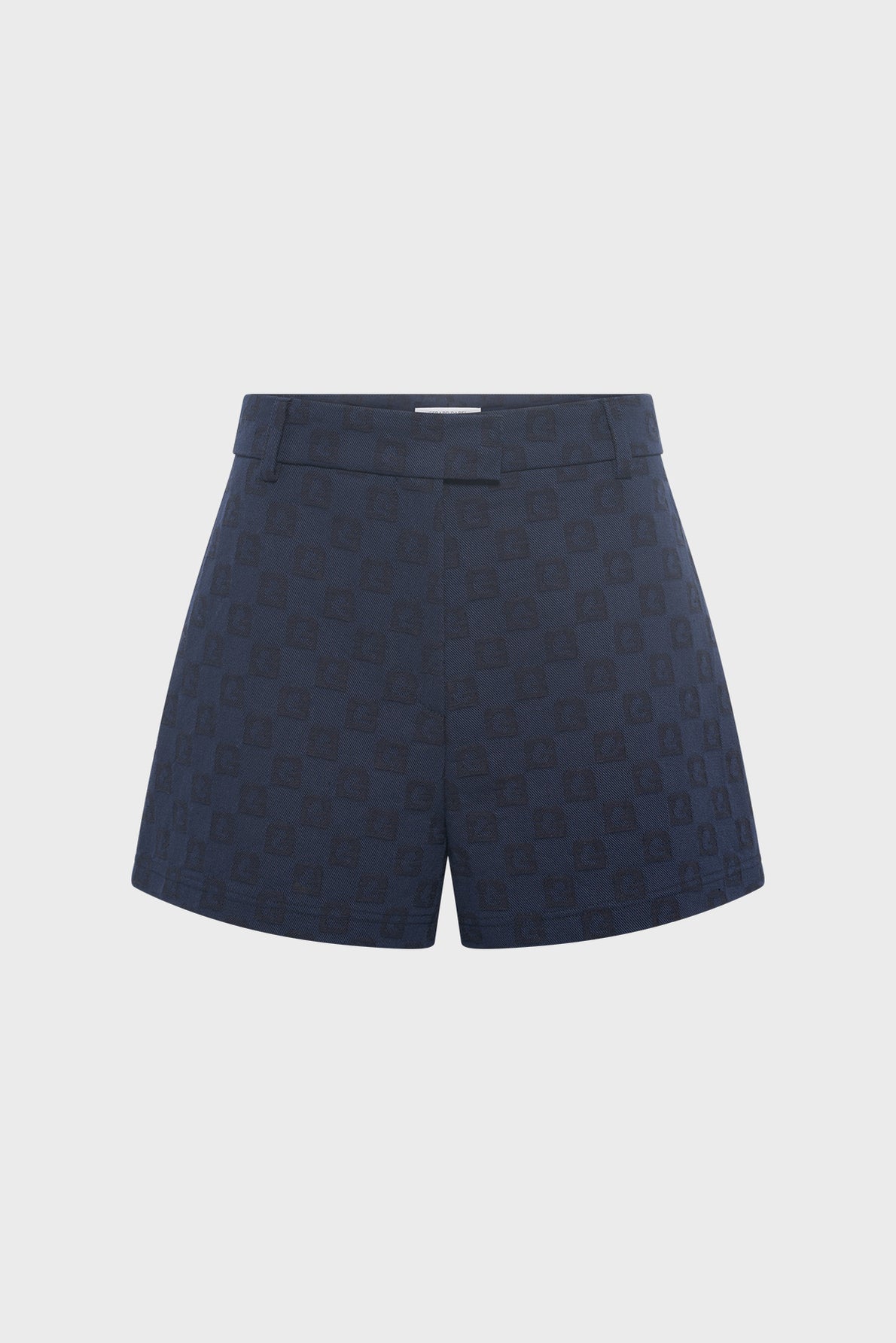 Navy blue high-waisted shorts with a subtle checkered pattern, front-facing view, featuring belt loops and a tailored fit against a plain white background.