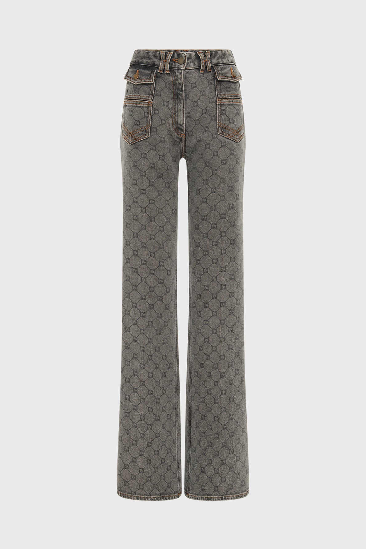 Gray high-waisted, wide-leg jeans with an all-over repeating motif géométrique and two large front pockets. The fabric features a subtle hexagonal design and orange-brown stitching, blending classic jean flare style with modern details.