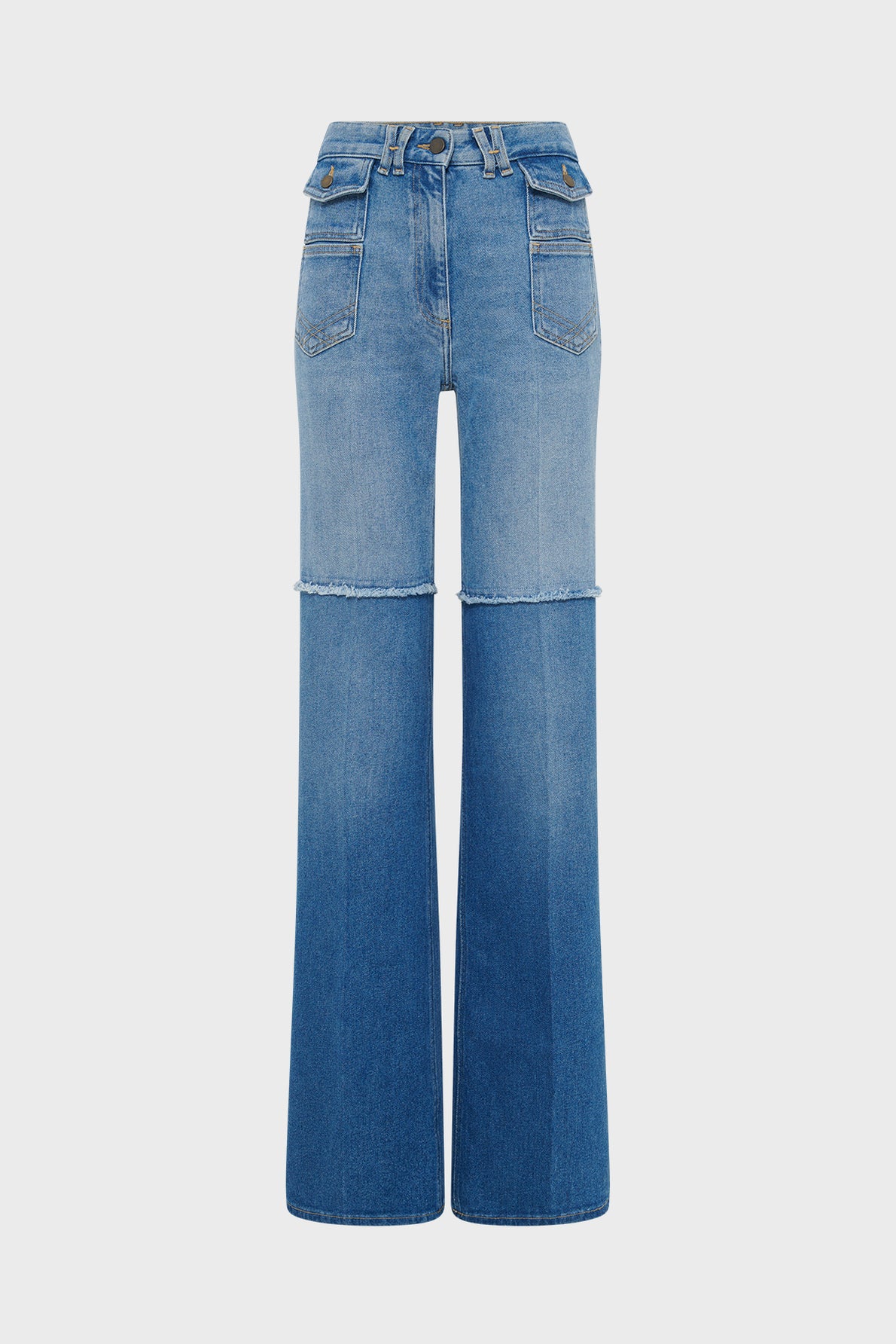High-waisted blue denim jeans with front pockets, visible seam detail above the knees, and wide, jean flare legs. Crafted from coton stretch fabric, these jeans feature contrast shading between the upper and lower sections for a stylish finish.