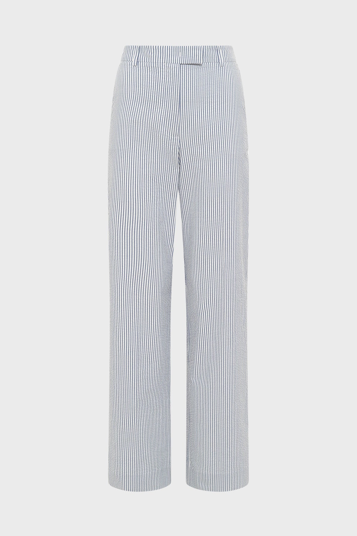 White pants with vertical thin blue stripes, featuring a straight-leg cut and an elastic waistband, displayed on a plain white background. This pantalon coton is an ideal pantalon à rayures for women seeking both comfort and style.