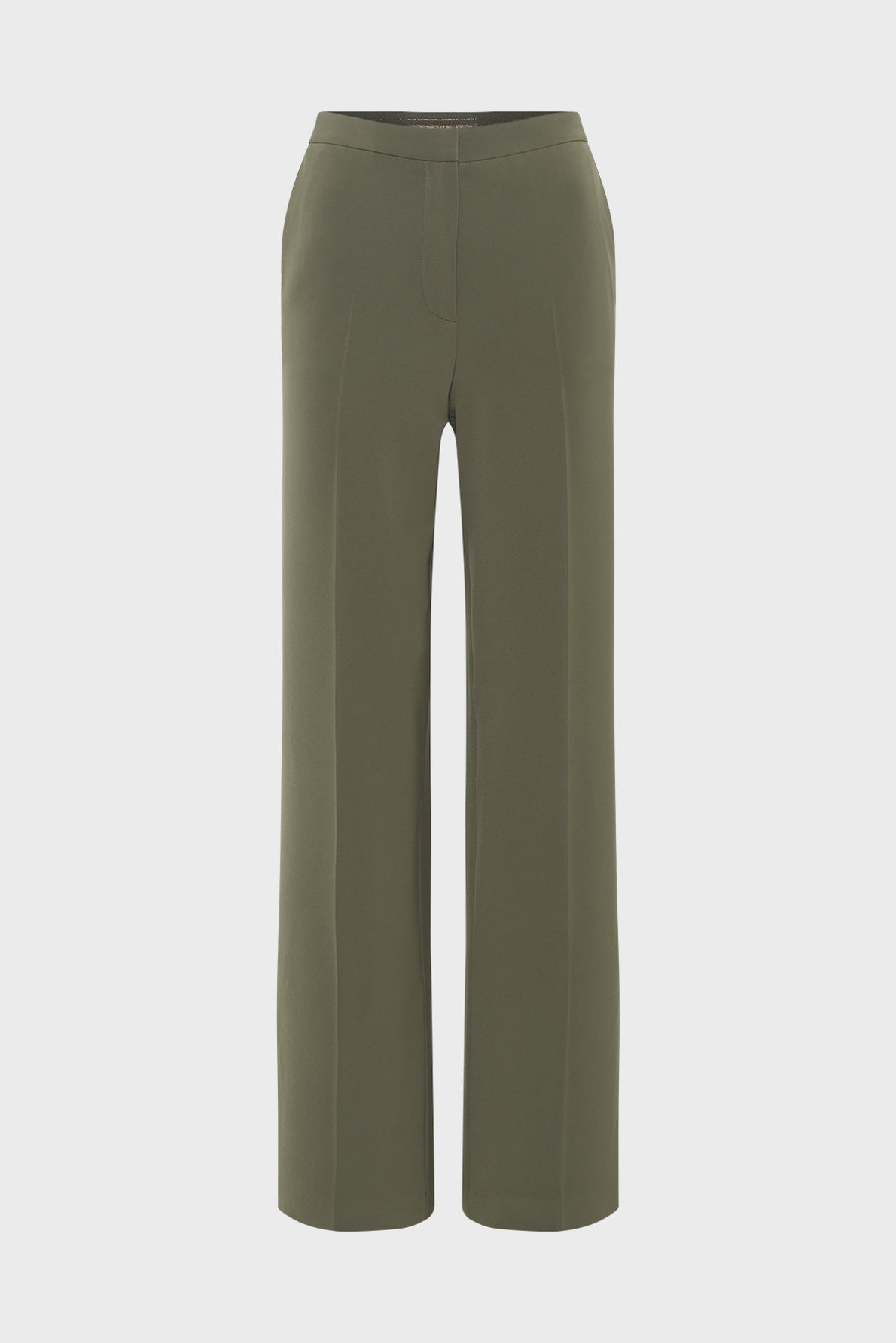 Olive green, high-waisted, straight-leg trousers with a tailored fit and front seam detailing in soft microfibre kaki, displayed on a plain white background.
