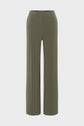Olive green, high-waisted, straight-leg trousers with a tailored fit and front seam detailing in soft microfibre kaki, displayed on a plain white background.