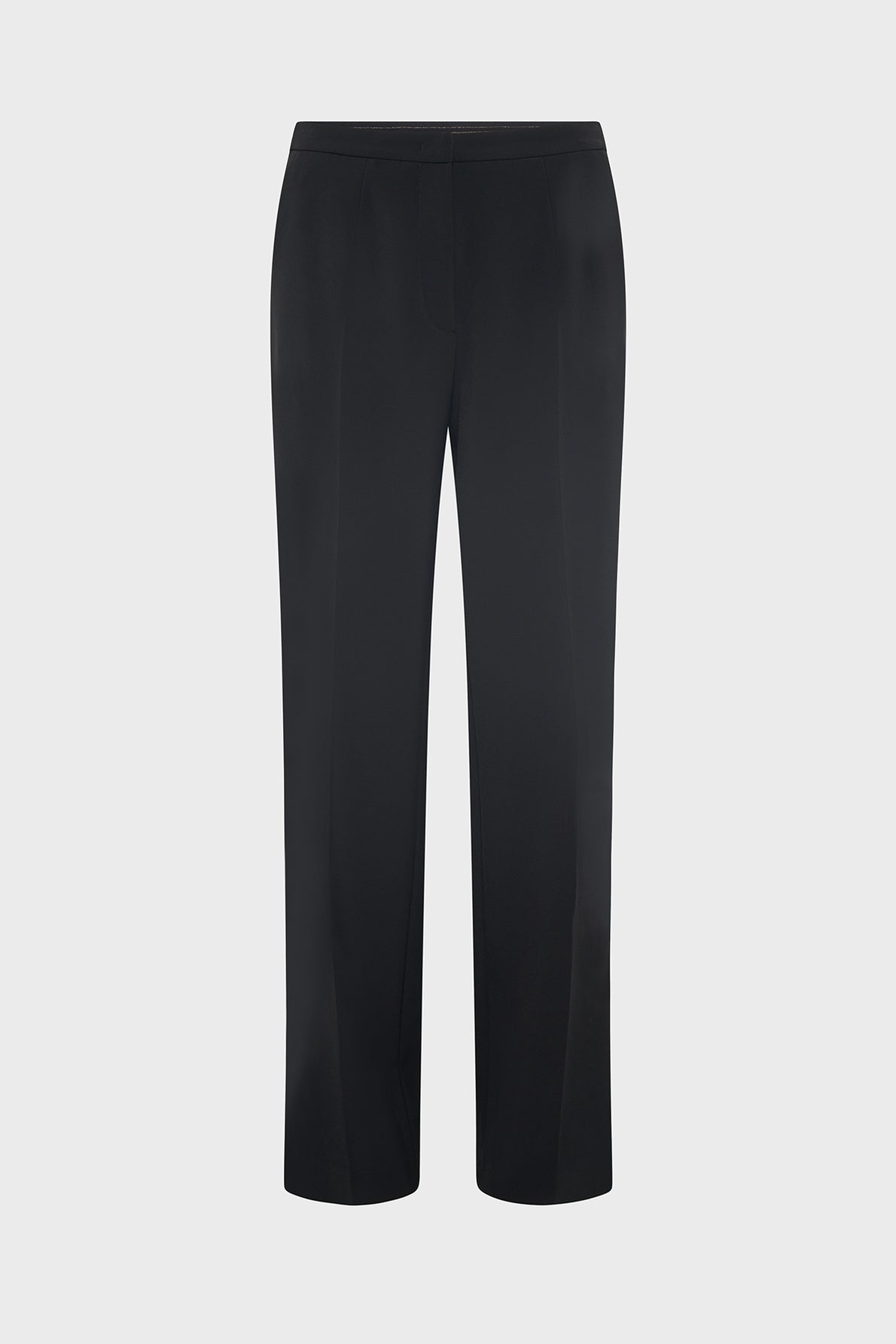 Black dress pants with a straight-leg cut, shown against a plain white background. Crafted from smooth microfibre, these pants offer a refined silhouette with a flat front, minimal visible detailing, and no visible pockets or belt loops—perfect for completing any tailleur femme ensemble.