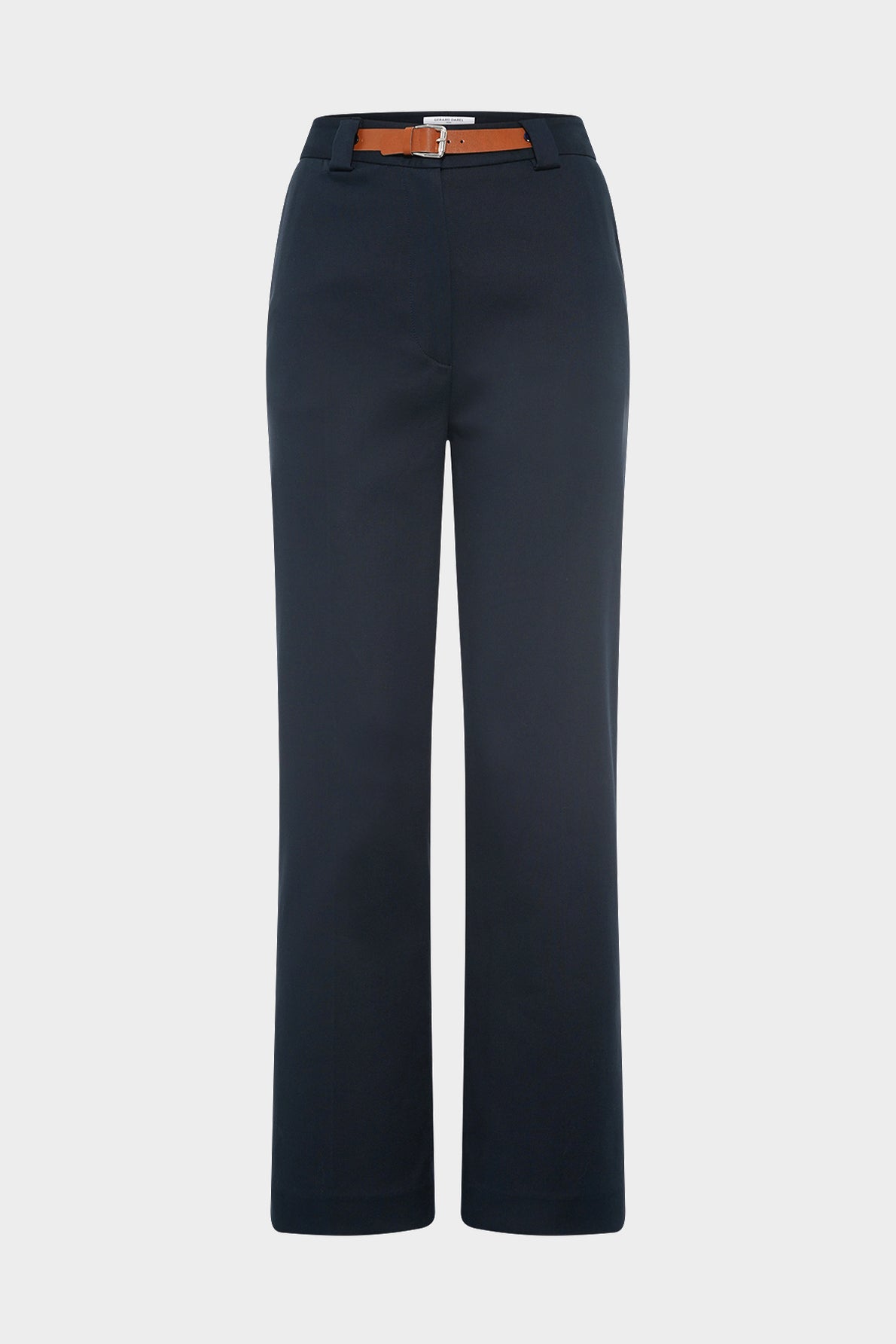 Navy blue straight-leg trousers with a brown belt, shown against a plain white background.