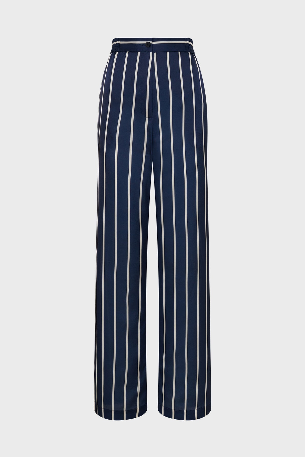 Navy blue wide-leg pants with vertical white stripes, a high waist, belt loops, and side pockets, displayed on a plain white background.