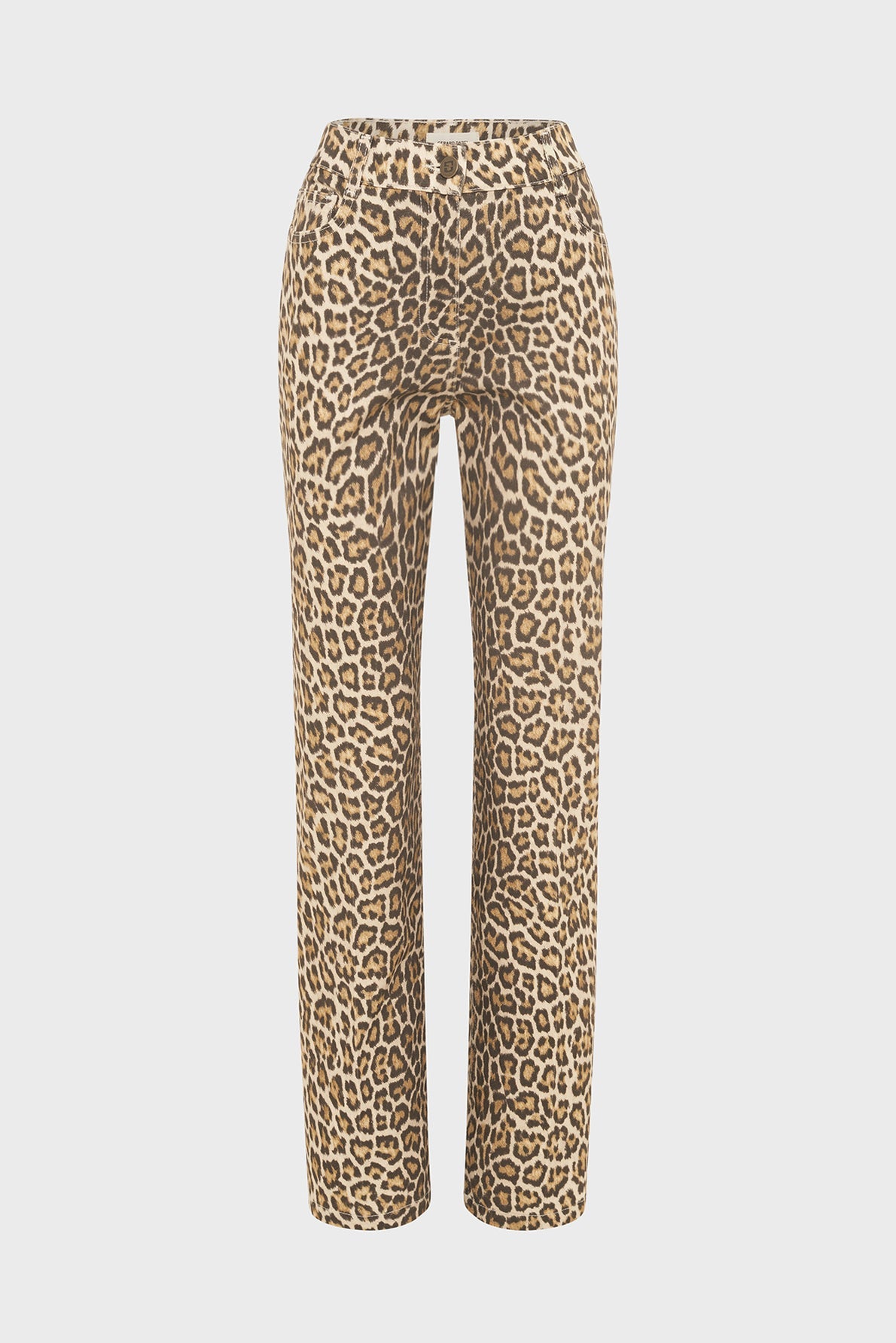 Leopard print straight-leg pants with a high waist, displayed against a plain white background.
