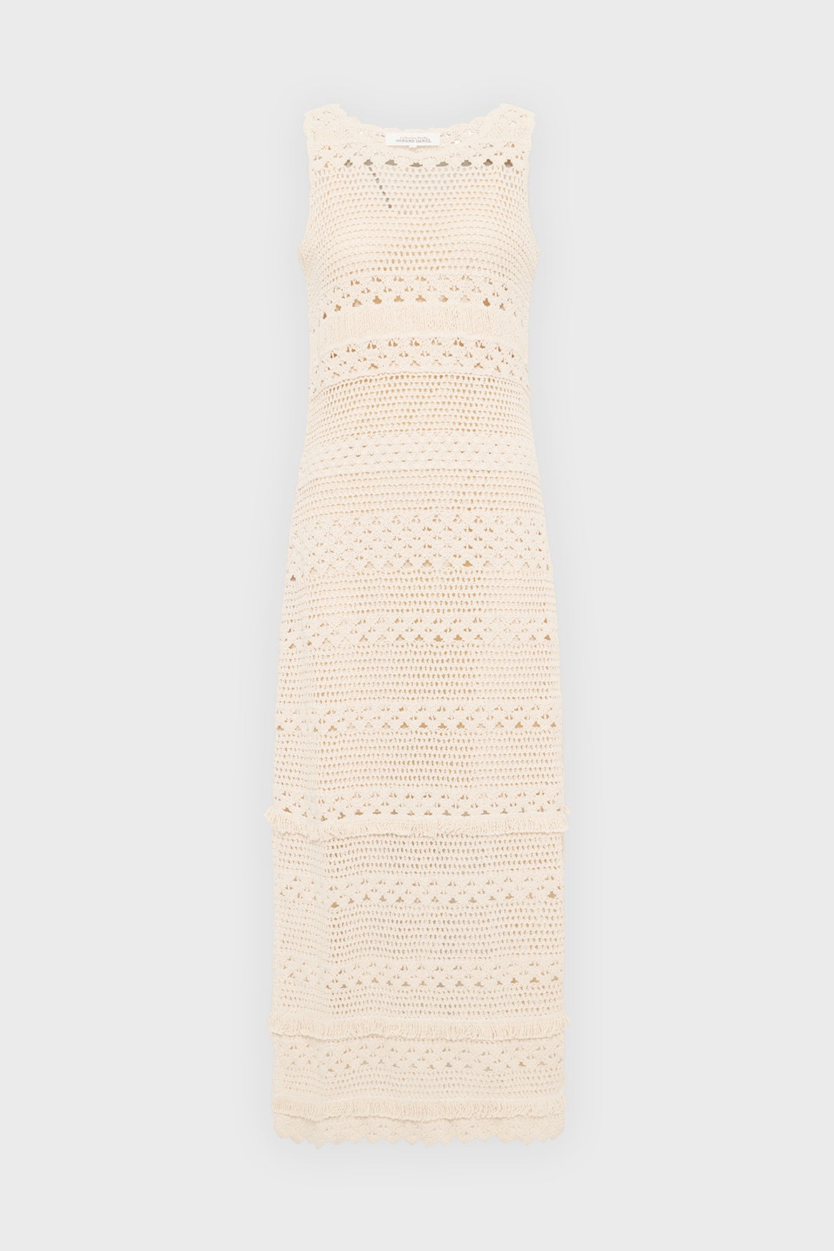 Sleeveless, ankle-length crochet dress in cream color with horizontal lace patterns and a round neckline, displayed on a plain white background.