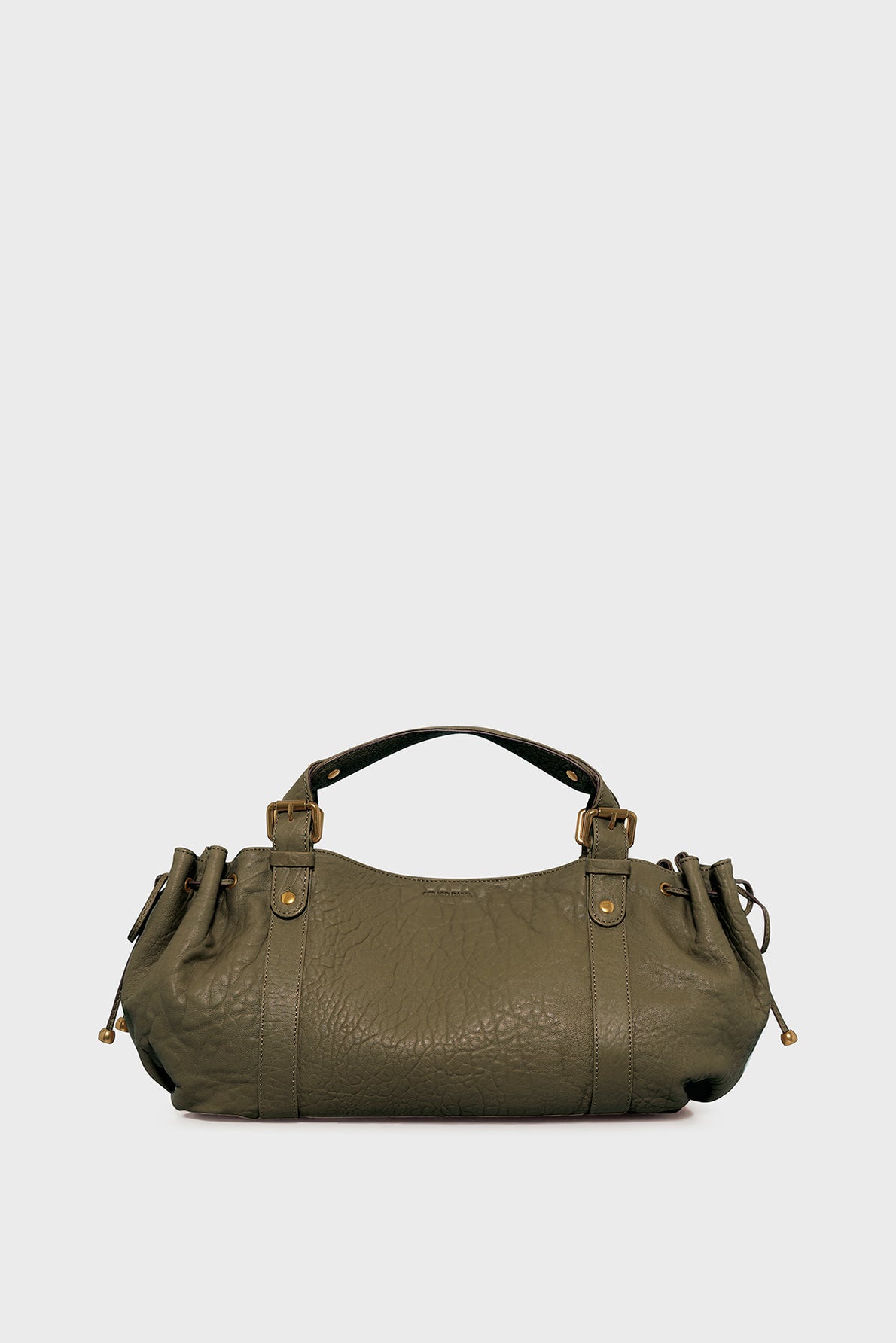 Olive green leather handbag with a textured finish in cuir bubble, two short handles, gold hardware, and gathered side details, reminiscent of the iconic sac 24H Darel, set against a plain light gray background.