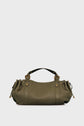 Olive green leather handbag with a textured finish in cuir bubble, two short handles, gold hardware, and gathered side details, reminiscent of the iconic sac 24H Darel, set against a plain light gray background.