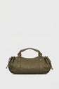 Olive green sac à main cuir with brass hardware, double handles, gathered sides, and a textured cuir bubble finish, set against a plain light background.
