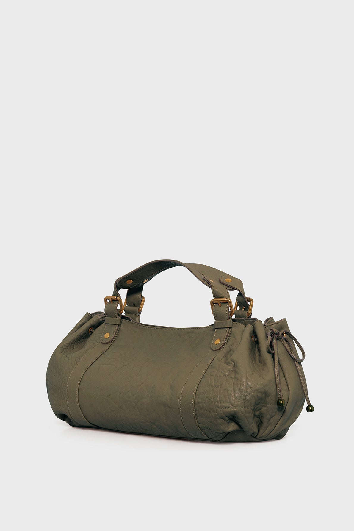 Olive green, textured leather handbag crafted from cuir bubble with two short handles, brass hardware, and drawstring detailing on the sides, displayed against a plain light background—this sac à main cuir exudes effortless sophistication reminiscent of the iconic sac 24H Darel.