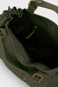 Open green leather sac à main cuir with brass hardware, showing a spacious black fabric-lined interior and a small side pocket. The bag’s handles and drawstring-style top edge are visible, giving this sac 24H Darel a chic yet practical appeal.