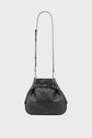 Black leather shoulder bag with a structured, rounded shape crafted from cuir grainé, featuring gold hardware, an adjustable long strap, and subtle embossed branding on the front—an embodiment of élégance sophistiquée set against a plain white background.