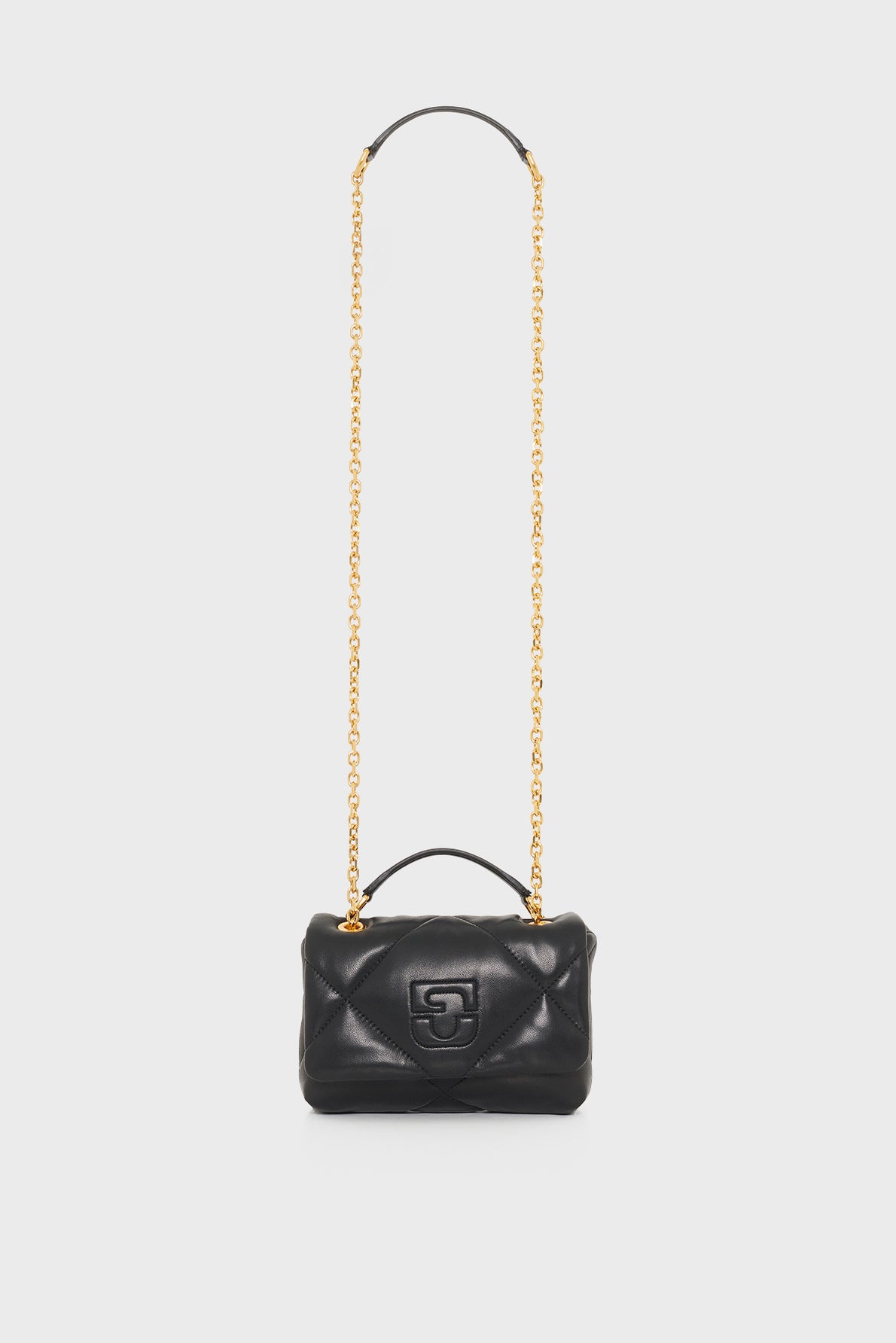 A small black leather handbag with a quilted design, gold chain strap, and a top handle. This elegant sac bandoulière cuir features a raised geometric logo on the front, showcasing its chic designer appeal. The bag is displayed against a plain white background.