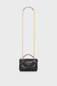 A small black leather handbag with a quilted design, gold chain strap, and a top handle. This elegant sac bandoulière cuir features a raised geometric logo on the front, showcasing its chic designer appeal. The bag is displayed against a plain white background.