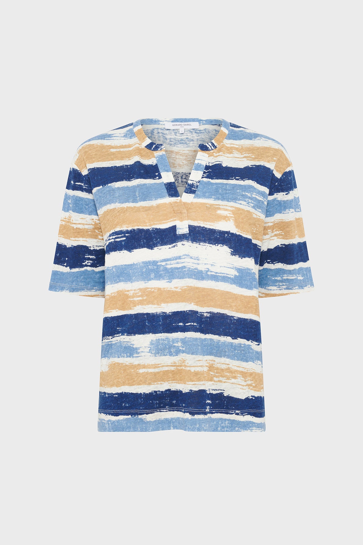Short-sleeve shirt with blue, beige, and white horizontal brushstroke stripes and a V-neck notch on a plain background.
