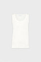 A sleeveless, white scoop-neck tank top (débardeur sans manche) is displayed against a plain light gray background. This débardeur été appears simple and unadorned, crafted from a soft, lightweight fabric for effortless summer style.