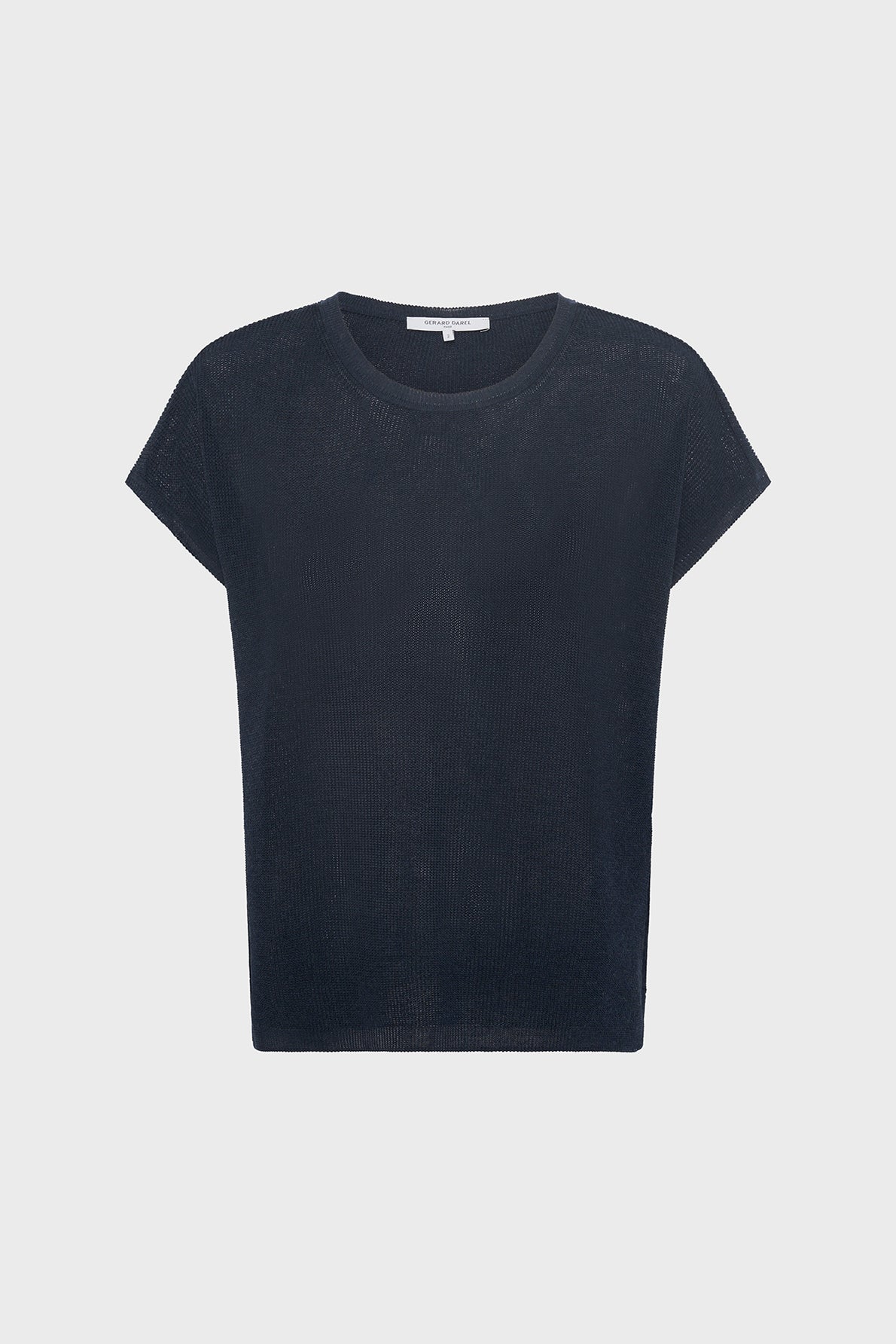 A plain, short-sleeved, black t-shirt with a round neckline reminiscent of a pull col rond is displayed against a light gray background.