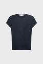 A plain, short-sleeved, black t-shirt with a round neckline reminiscent of a pull col rond is displayed against a light gray background.