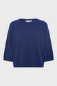 A plain, loose-fitting, dark blue sweater with a round neckline and half-length sleeves, displayed on a white background.