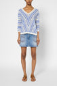 A person wearing a blue and white pull rayé V-neck sweater, a denim mini skirt with front pockets, and brown sandals stands against a plain white background.