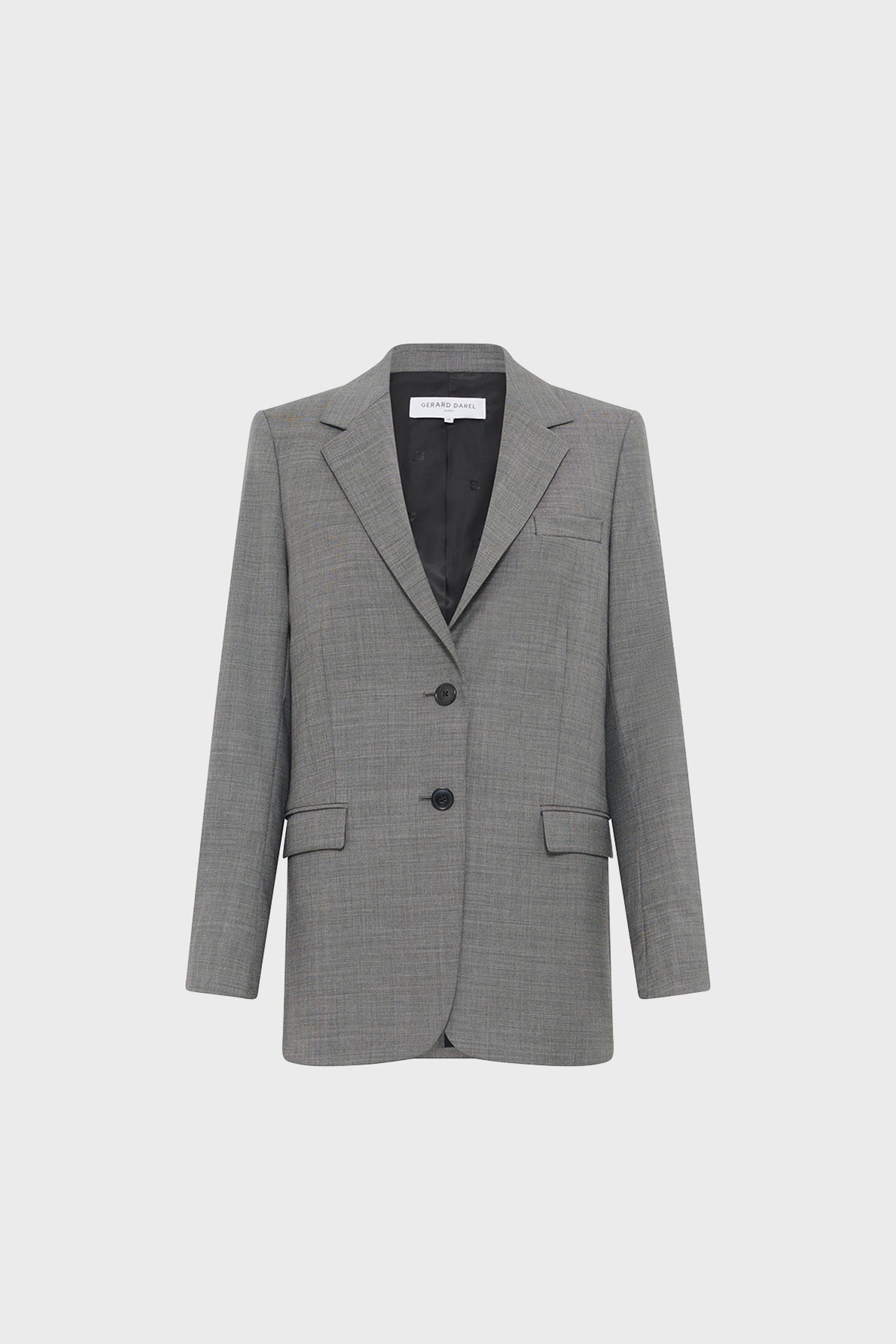 A gray blazer femme tailored with two buttons, a notched lapel, and three front pockets, displayed on a plain white background.