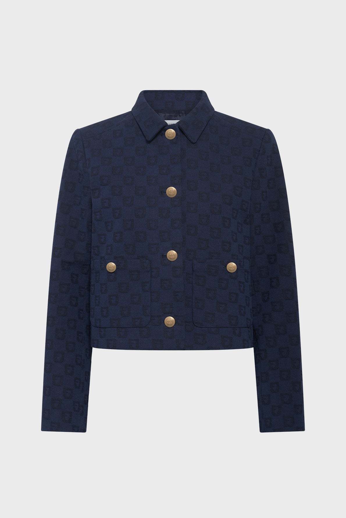 Navy blue cropped jacket with a checkered pattern, gold buttons in two rows, a collar, and long sleeves. The jacket has a structured, tailored fit.
