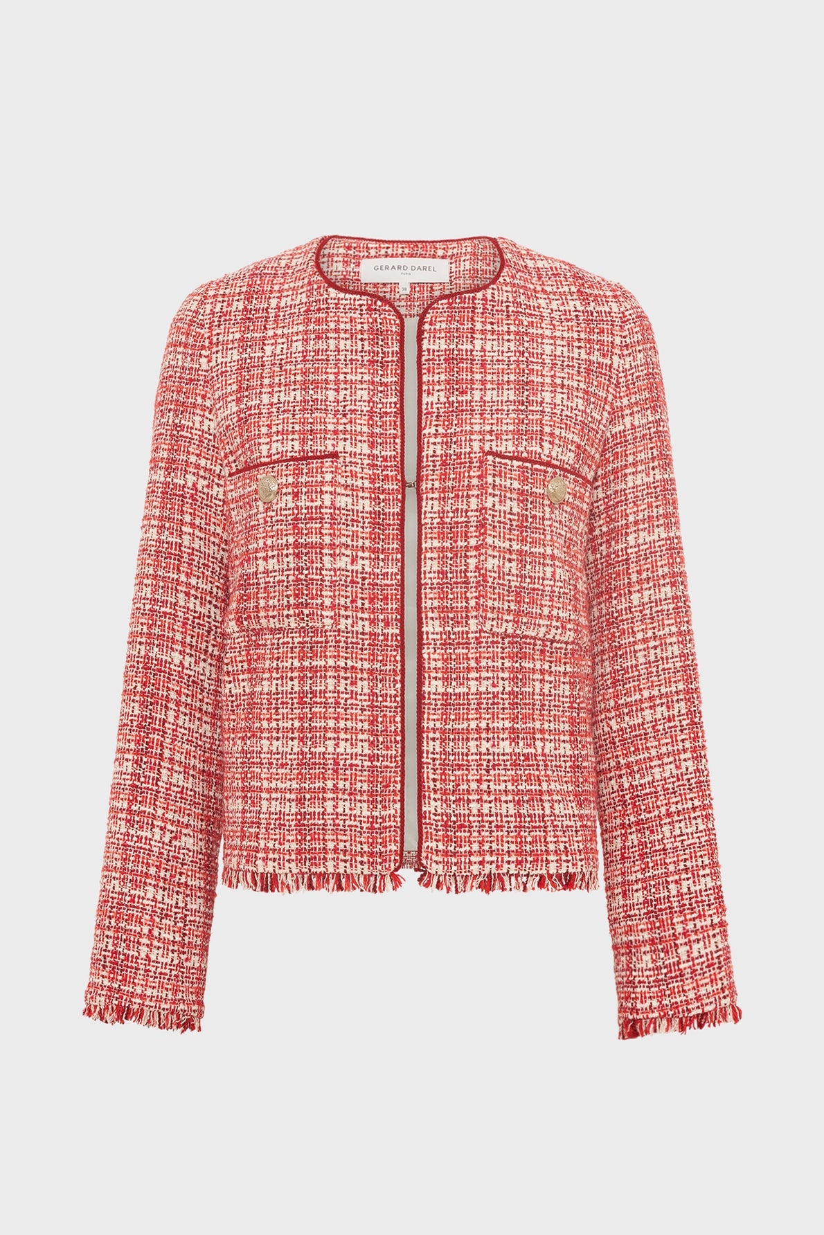 A red and white tweed jacket, this veste courte femme features a round neckline, long sleeves, front pockets with gold buttons, and elegant fringe trim on the hem and cuffs—a timeless veste rouge chic perfect for elevating any look.