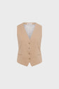 Beige gilet sans manche button-up vest with a V-neck, two front pockets, and a slightly pointed hem, crafted from coton et lin and displayed on a plain white background.