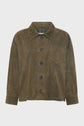 Olive green suede jacket with a collar, long sleeves, one chest pocket, and five large black buttons down the front, displayed on a plain white background—a timeless surchemise en cuir velours that adds effortless style to any wardrobe.