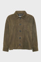 Brown suede button-up veste courte with a collar, long sleeves, front patch pocket, and a relaxed fit, displayed on a white background.