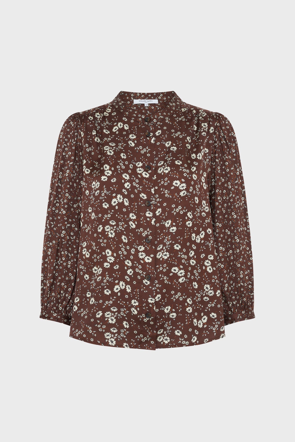 Brown long-sleeve chemise femme with a white floral print and button-down front, displayed on a plain white background.