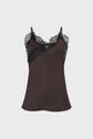 A dark brown satin dentelle camisole with thin straps and black lace trim along the neckline and bust, displayed on a plain white background, perfect for adding a touch of lingerie chic to your wardrobe.
