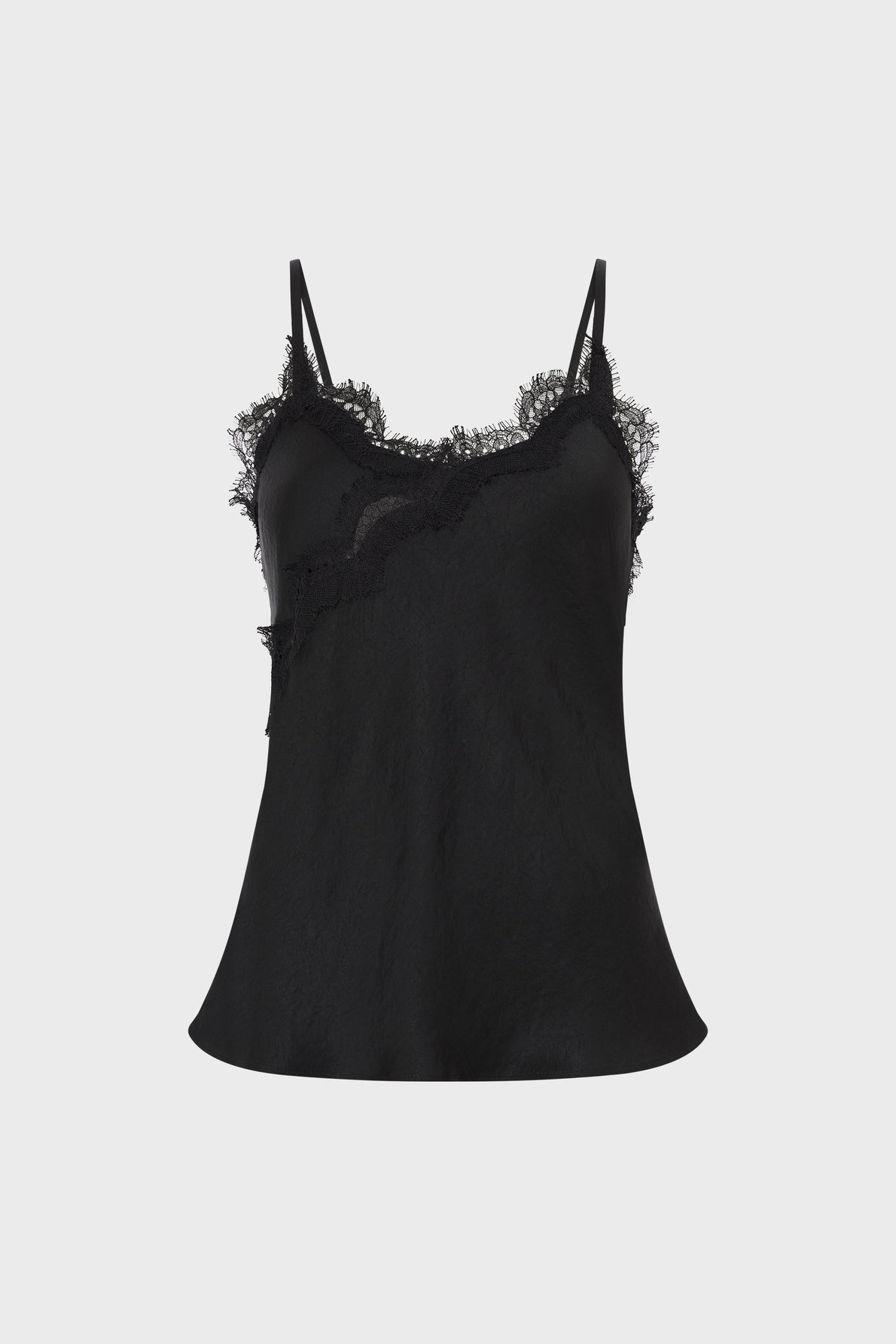 Black satin camisole with thin spaghetti straps and delicate dentelle lace trim along the neckline and sides, embodying a lingerie chic aesthetic, displayed on a plain white background.