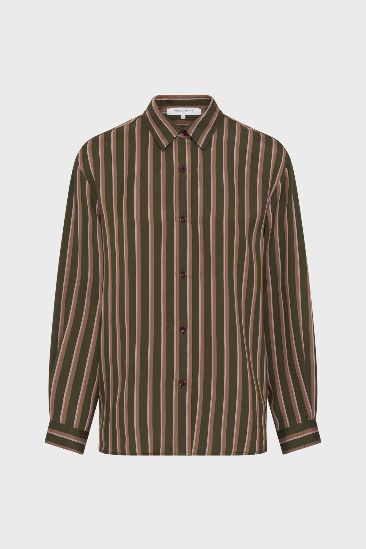 A long-sleeved, button-up chemise à rayures with a collar, featuring vertical olive green, beige, and pink stripes on a white background.