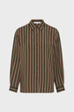 A long-sleeved, button-up chemise à rayures with a collar, featuring vertical olive green, beige, and pink stripes on a white background.