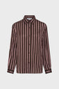 A long-sleeve button-up chemise à rayures with vertical brown and pink stripes, featuring a collar and buttoned cuffs, displayed on a plain white background.
