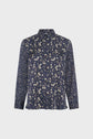A long-sleeved, button-up shirt with a dark blue background and an all-over small white floral print, displayed against a plain white backdrop.