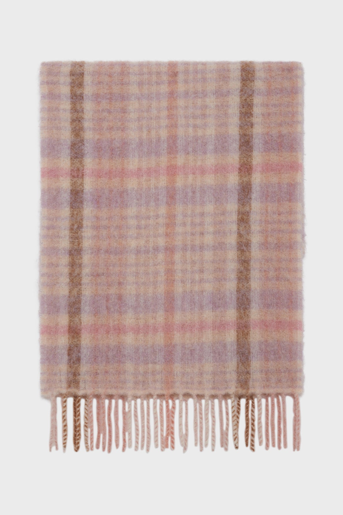A soft écharpe à carreaux in plaid wool features pastel pink, purple, and brown tones with fringed ends, displayed flat against a white background.