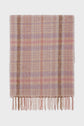 A soft écharpe à carreaux in plaid wool features pastel pink, purple, and brown tones with fringed ends, displayed flat against a white background.